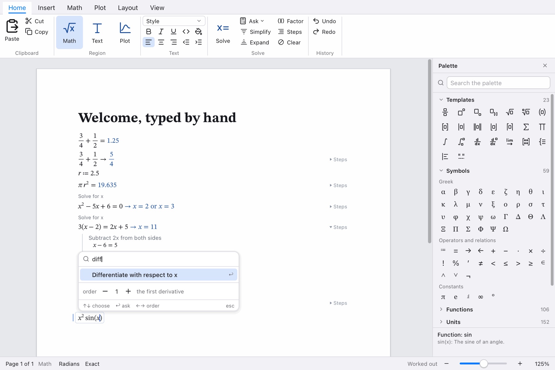 A notebook with fractions, a solved quadratic and a linear equation with its steps open; the Ask popup offers to differentiate x² sin(x) with respect to x
