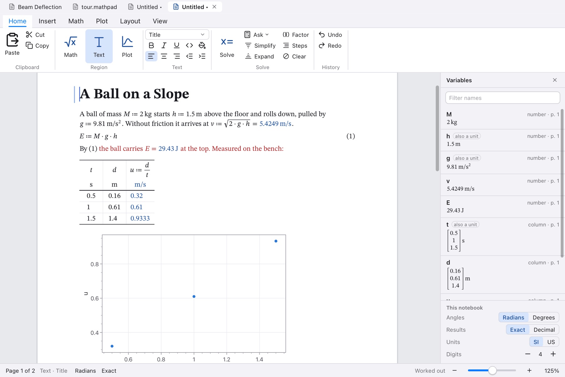 A MathPad notebook: a sentence with math worked out inside it, a numbered equation, a table of measurements with a column worked out from two others, a plot of its points, and the Variables panel at the side
