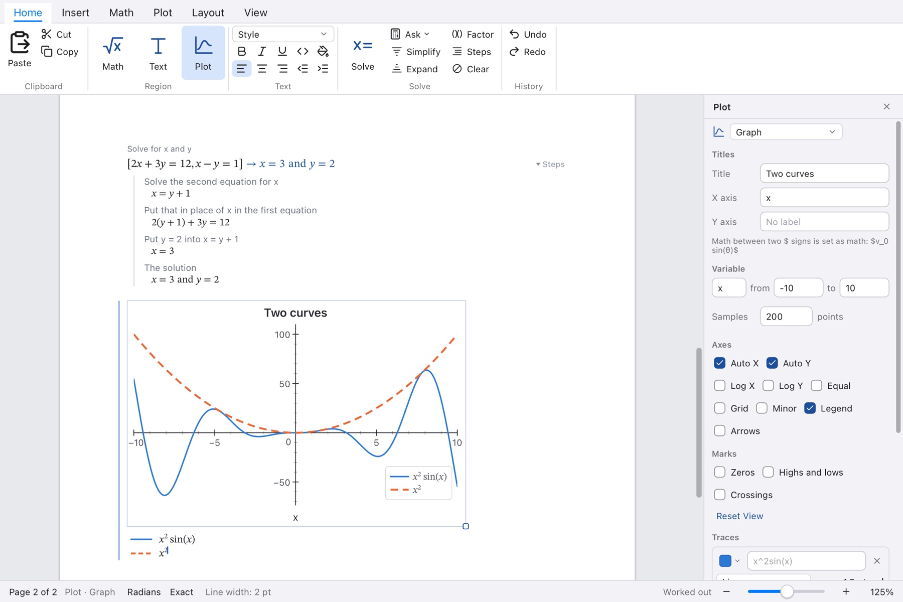 A system of two equations solved by substitution with its steps, above a plot of two curves with a typeset legend and the plot panel at the side